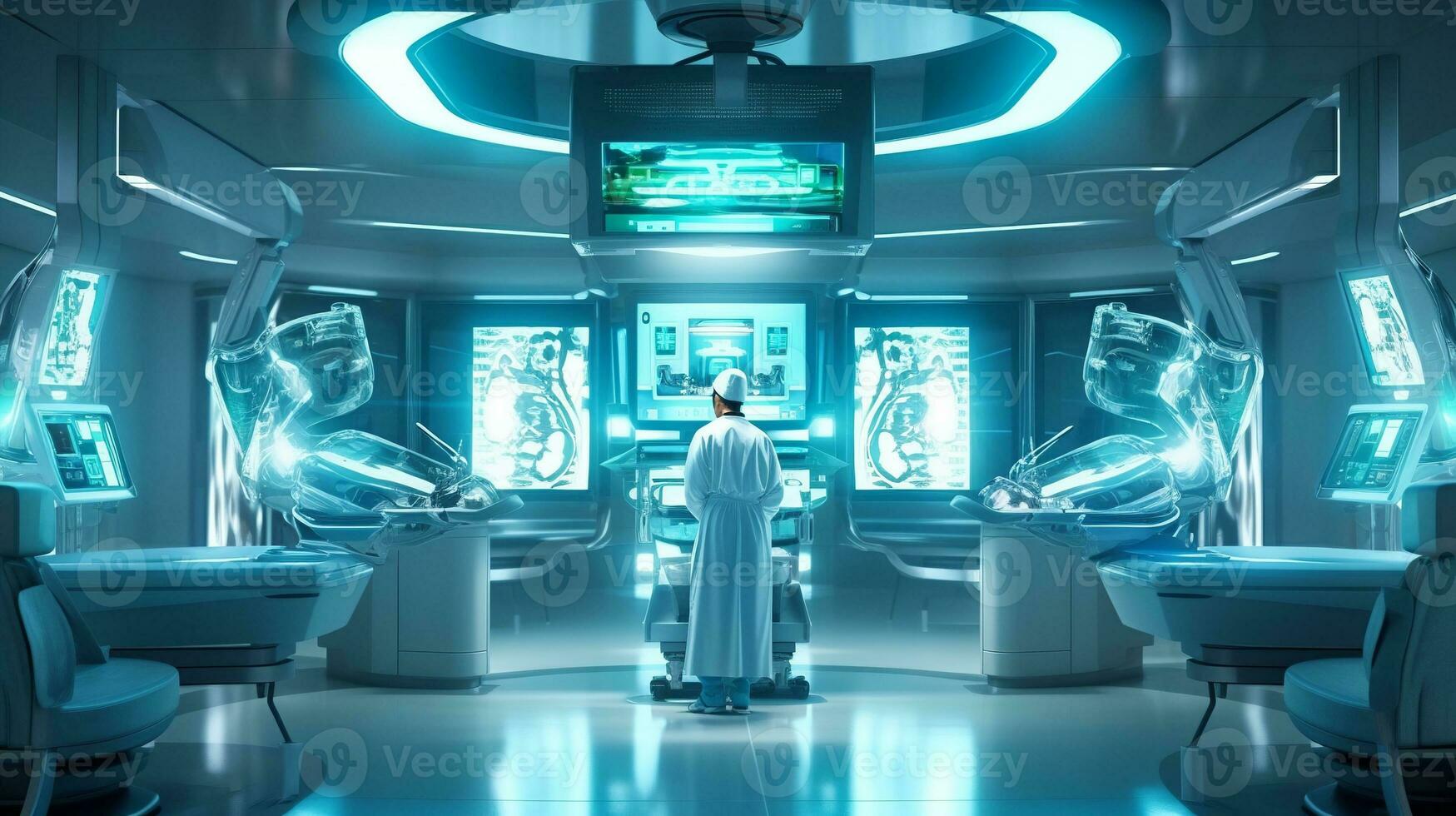 AI generated Operating room Doctor or Surgeon anatomy on Advanced robotic surgery machine photo