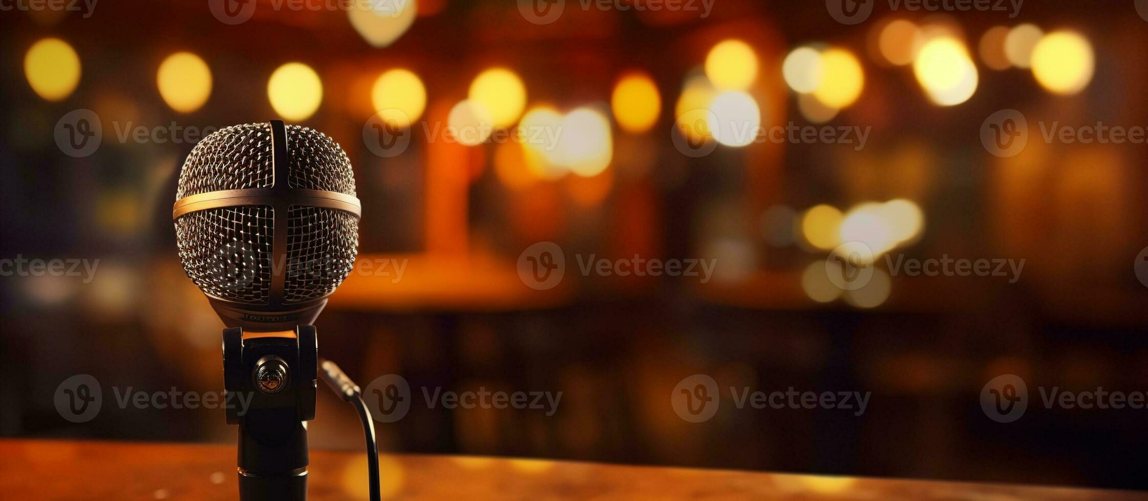 AI generated Microphone on stage with wooden bench blur light background photo