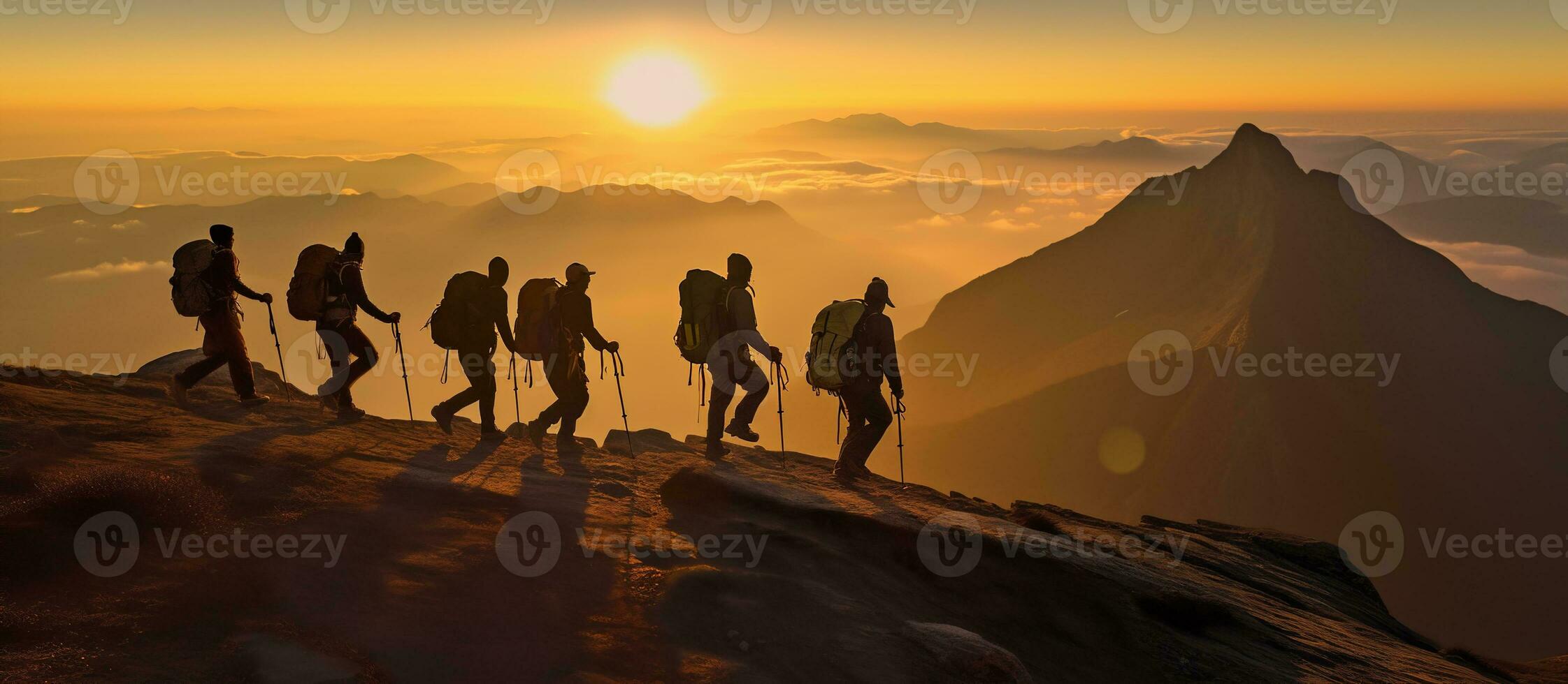 AI generated people on peak mountain climbing helping team work photo