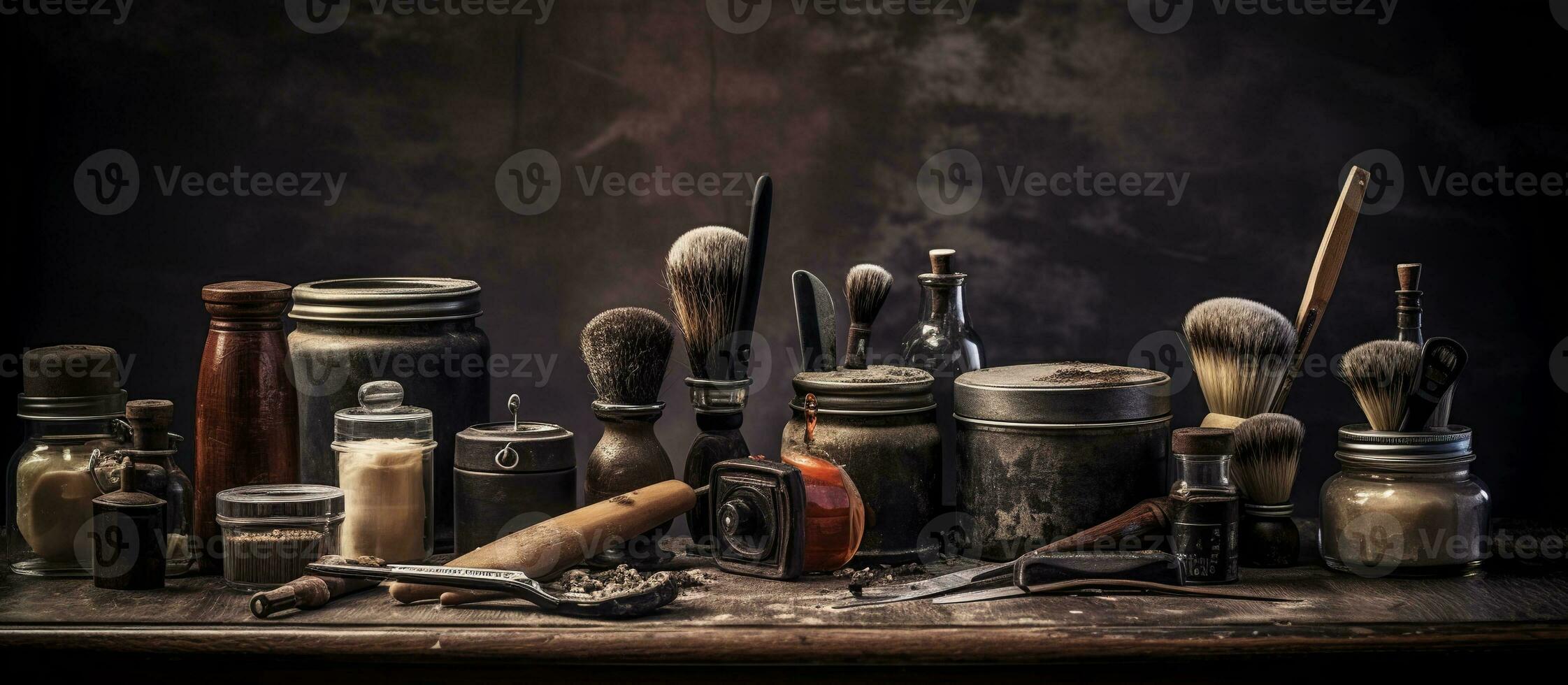 AI generated On a black dusty surface are old barber tools. photo