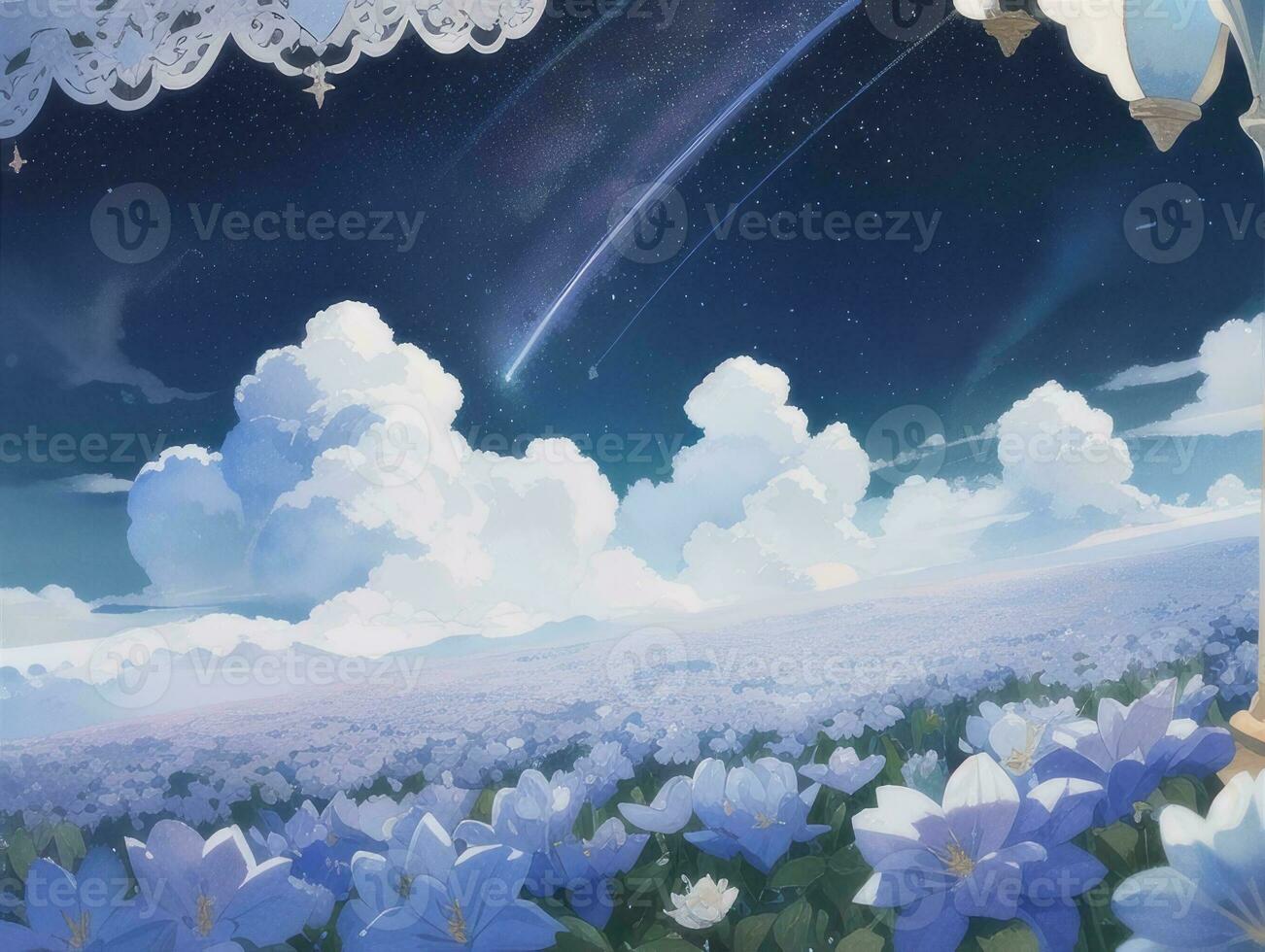 AI generated Surreal Landscape With Field and Nature Looking at the Celestial Starry Sky Majestic Background photo