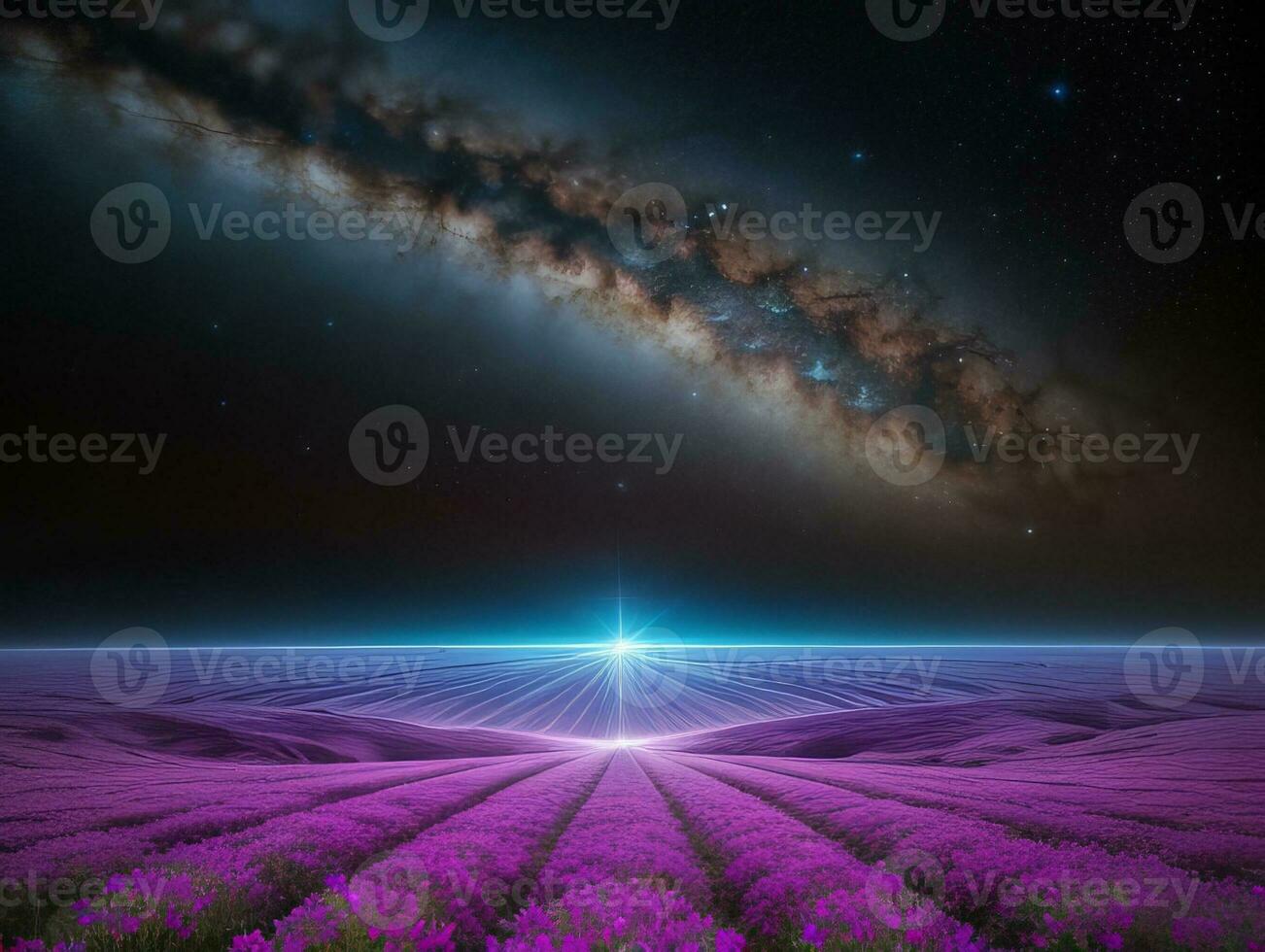 AI generated Surreal Landscape With Field and Nature Looking at the Celestial Starry Sky Majestic Background photo