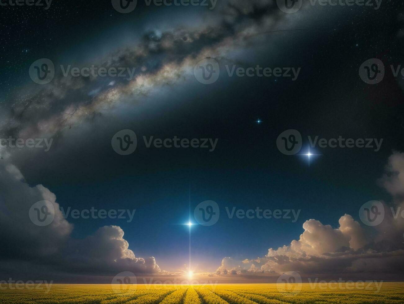 AI generated Surreal Landscape With Field and Nature Looking at the Celestial Starry Sky Majestic Background photo