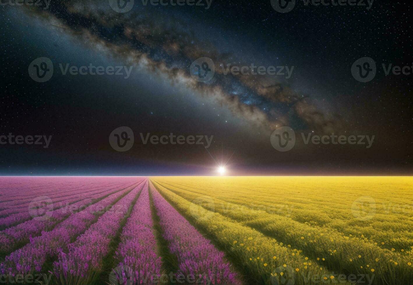 AI generated Surreal Landscape With Field and Nature Looking at the Celestial Starry Sky Majestic Background photo