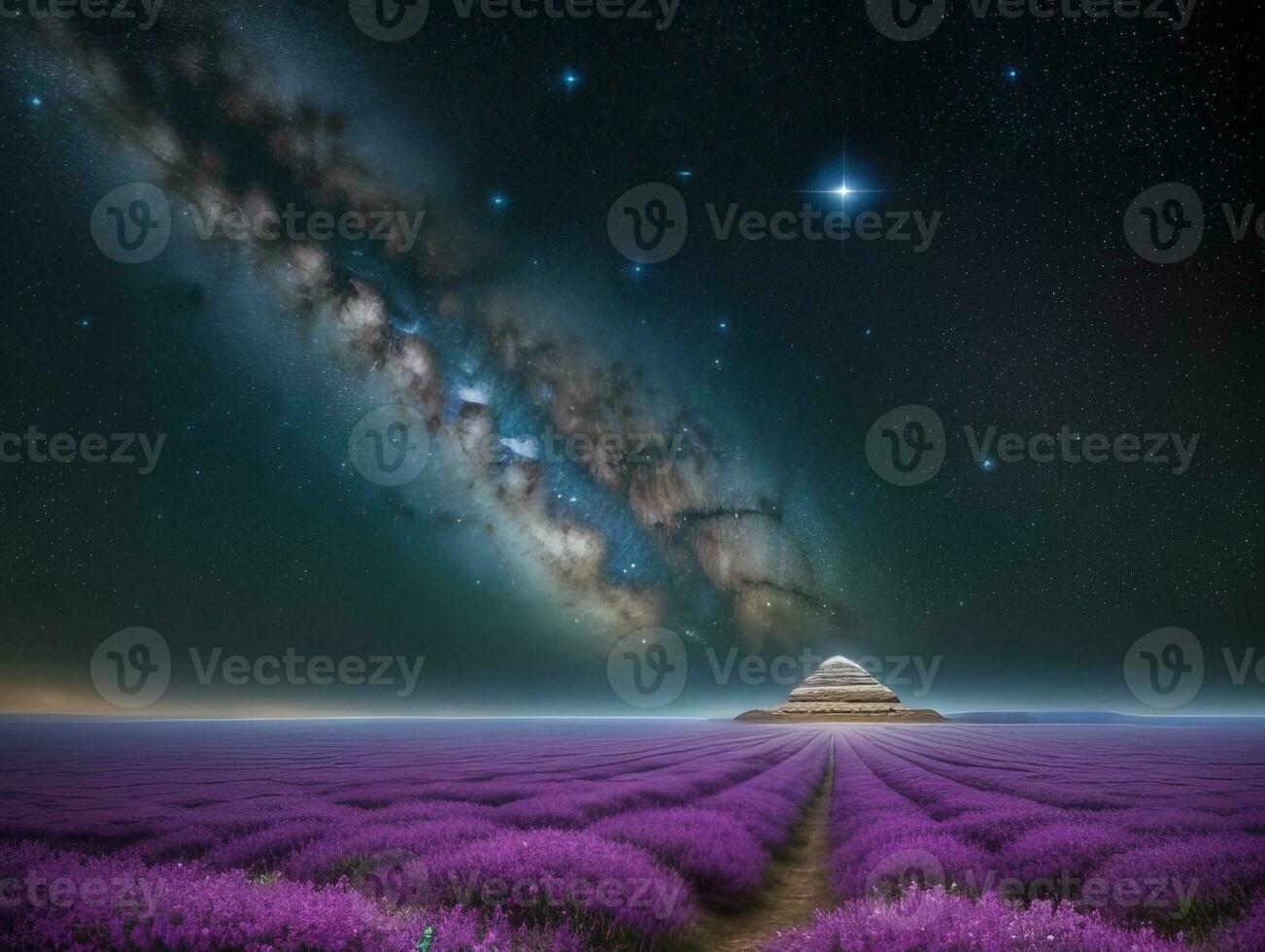 AI generated Surreal Landscape With Field and Nature Looking at the Celestial Starry Sky Majestic Background photo
