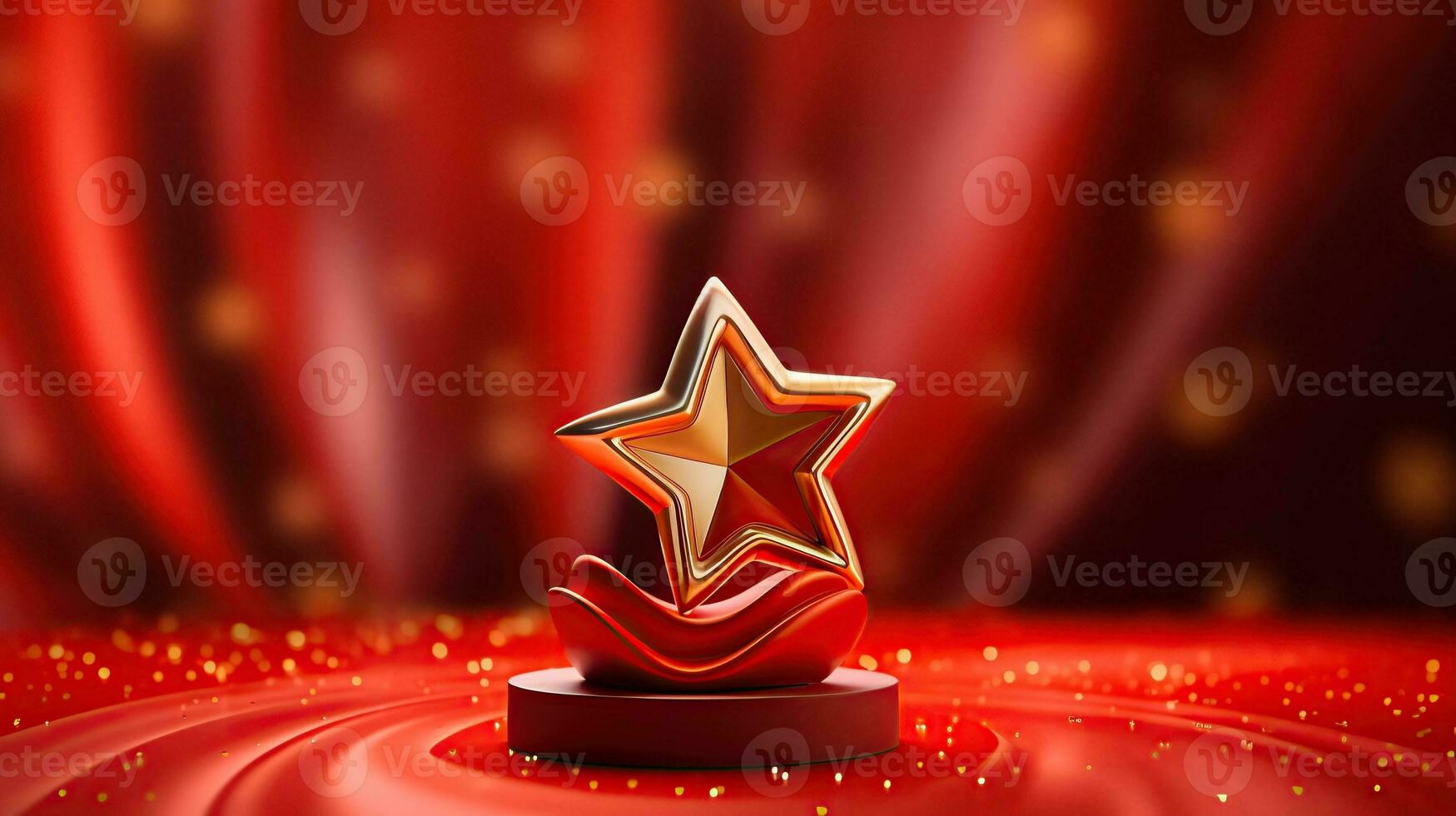 AI generated 3d star on red background decorated with curves and glitter Generative A photo