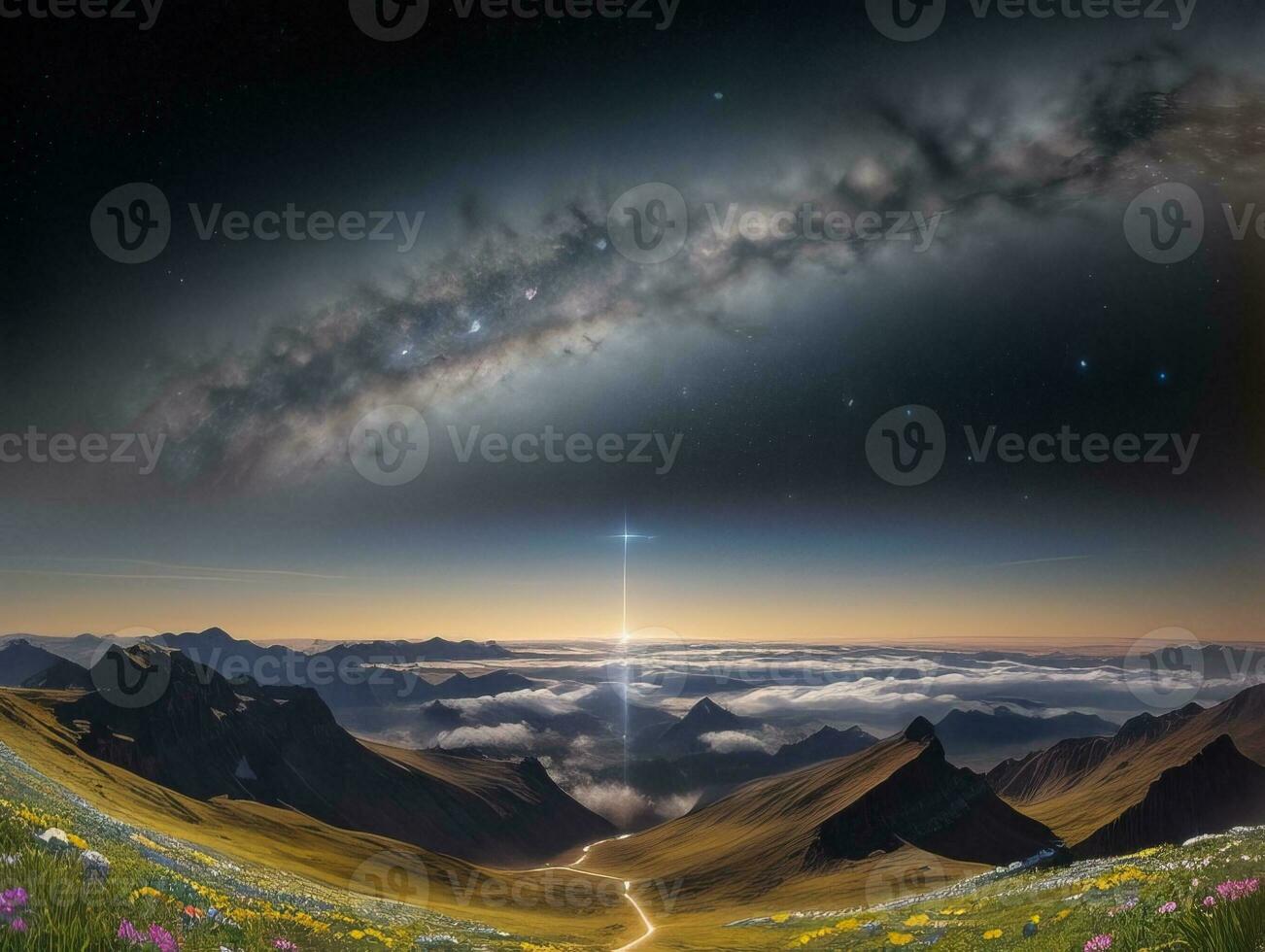 AI generated Surreal Landscape With Field and Nature Looking at the Celestial Starry Sky Majestic Background photo
