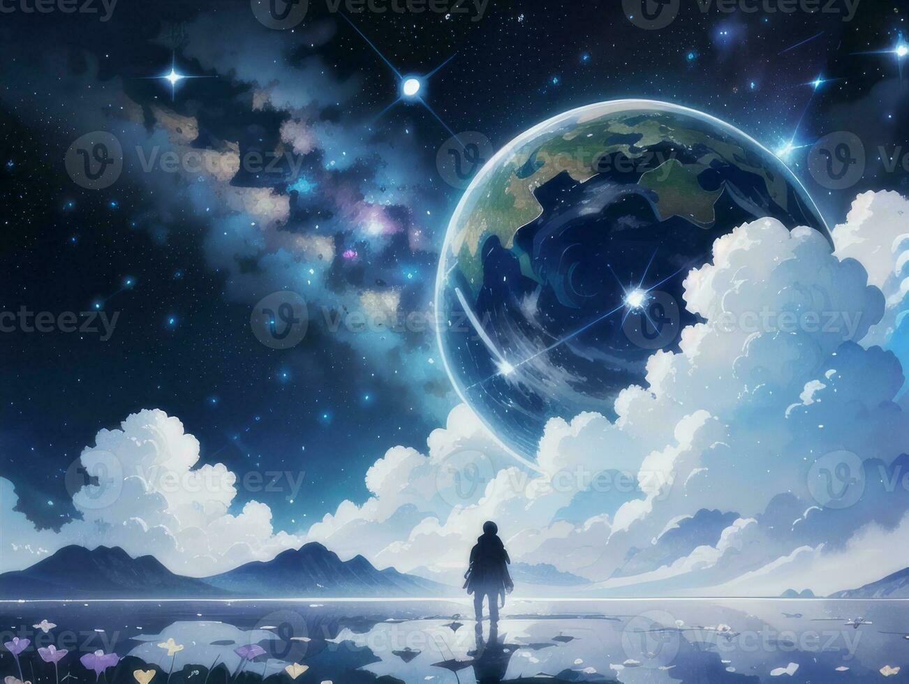 AI generated Surreal Landscape With Field and Nature Looking at the Celestial Starry Sky Majestic Background photo