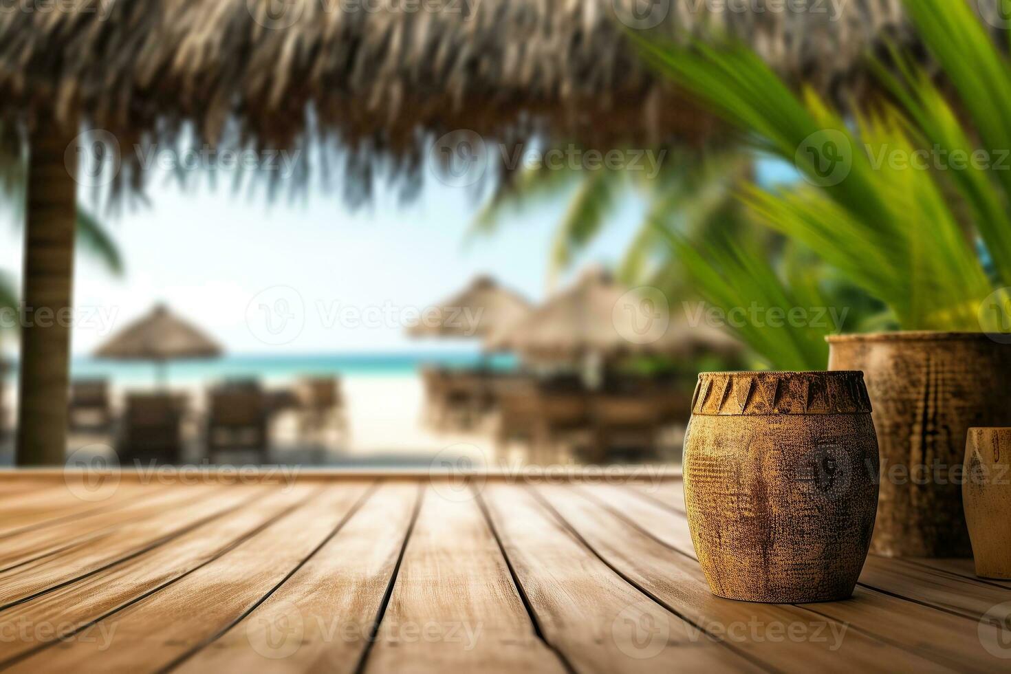 un foto de un vacío de madera mesa con un tiki playa bar borroso antecedentes generativo ai