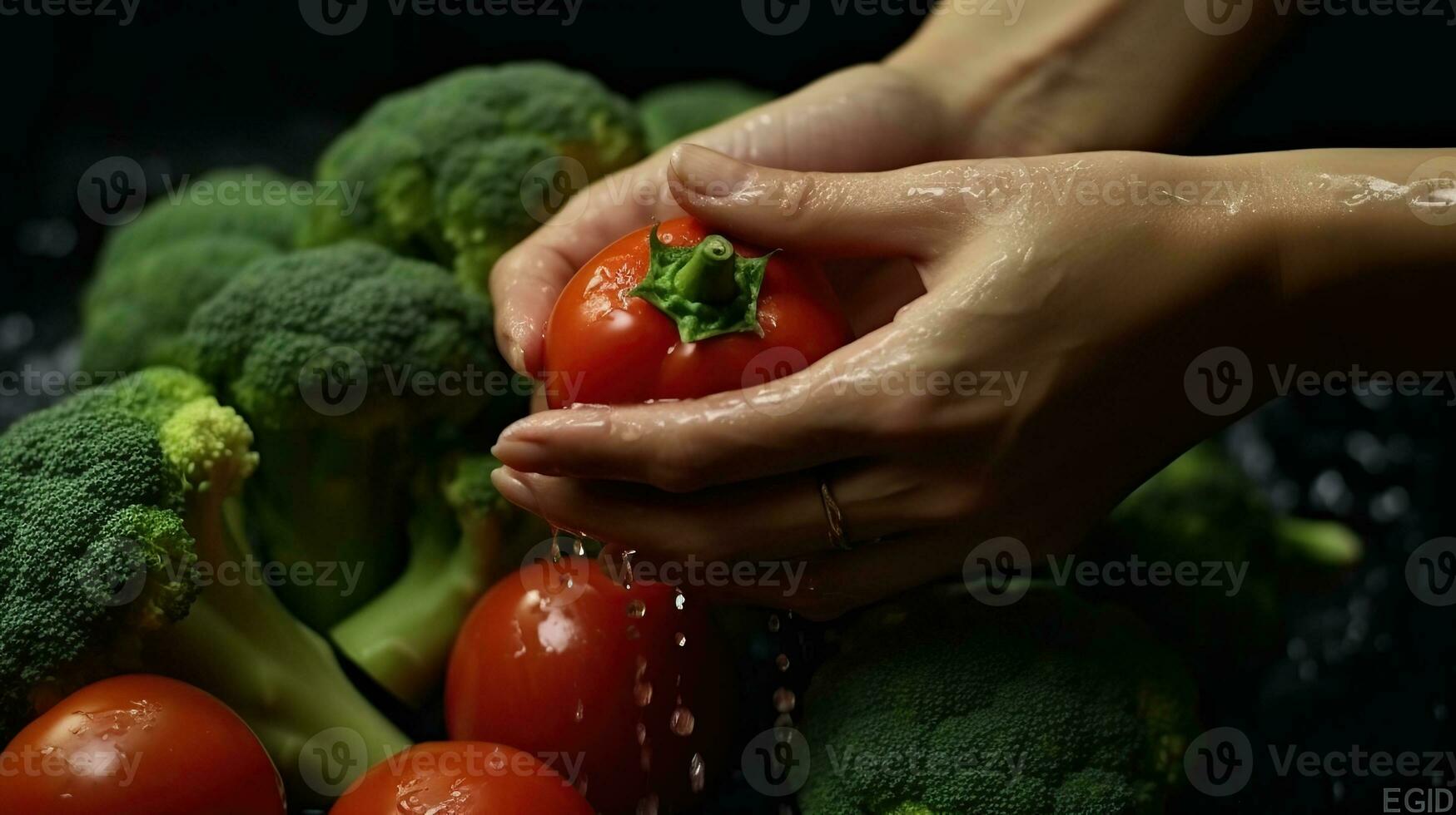 manos mujer Lavado vegetales brócoli y Tomates foto