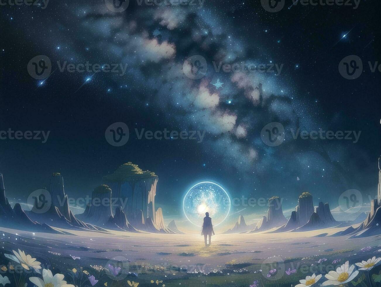 AI generated Surreal Landscape With Field and Nature Looking at the Celestial Starry Sky Majestic Background photo