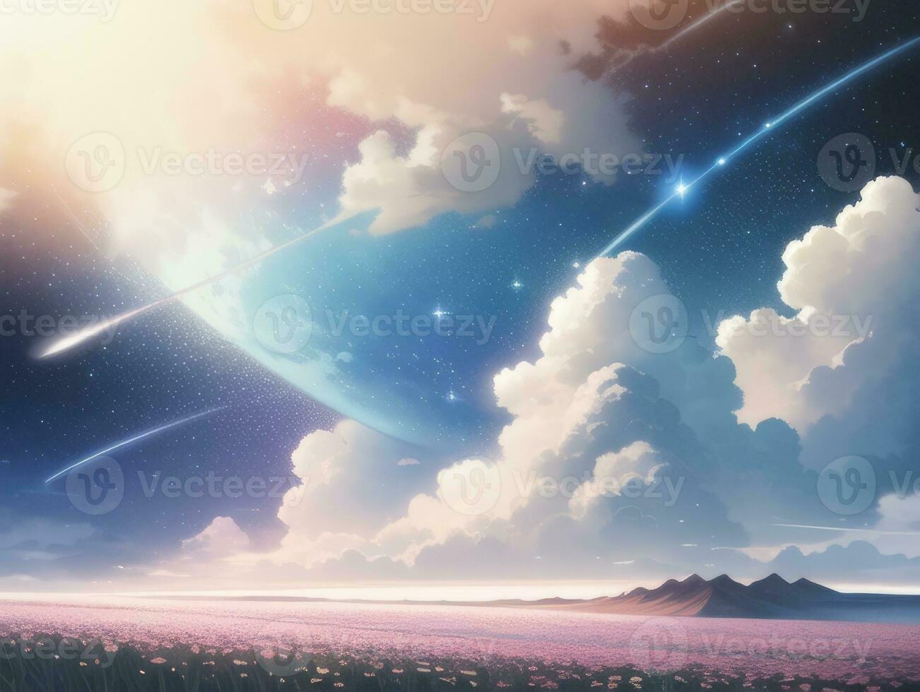 AI generated Surreal Landscape With Field and Nature Looking at the Celestial Starry Sky Majestic Background photo