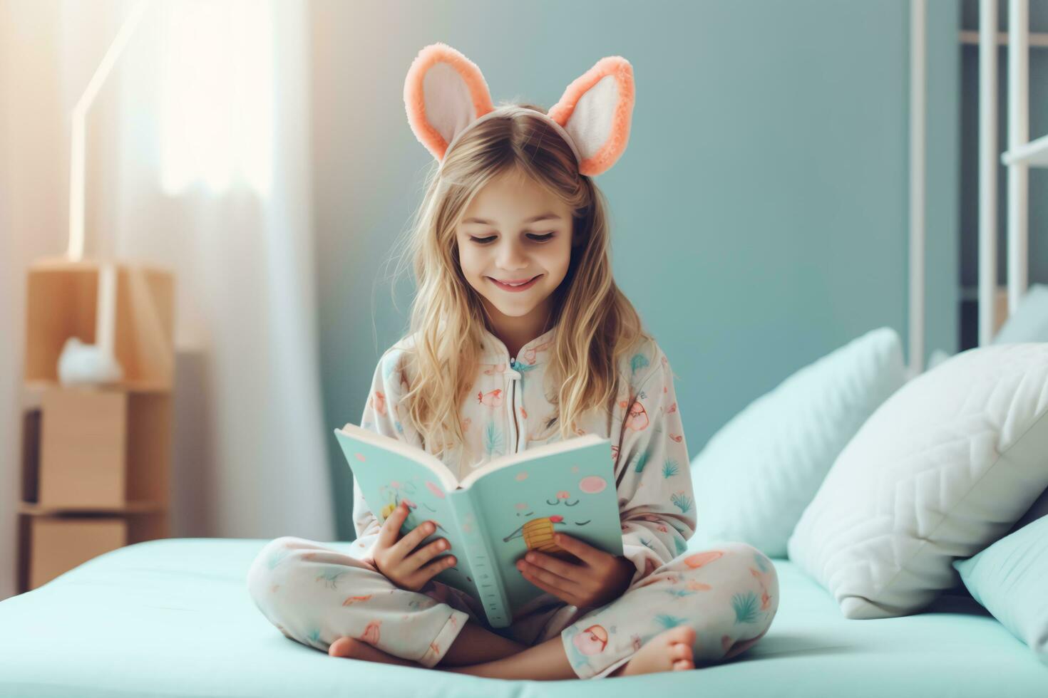 AI generated Whimsical Read Young Girl Embraces Spring in Pastel Pajamas photo