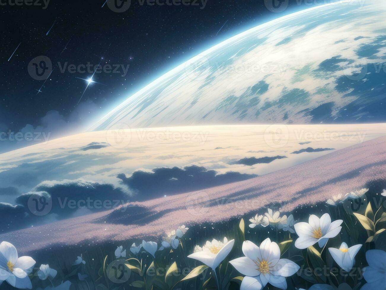 AI generated Surreal Landscape With Field and Nature Looking at the Celestial Starry Sky Majestic Background photo