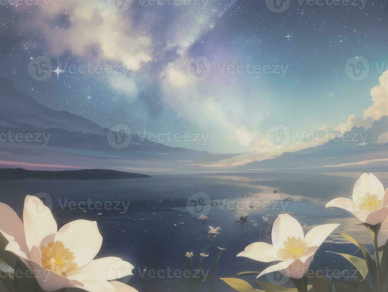 AI generated Surreal Landscape With Field and Nature Looking at the Celestial Starry Sky Majestic Background photo