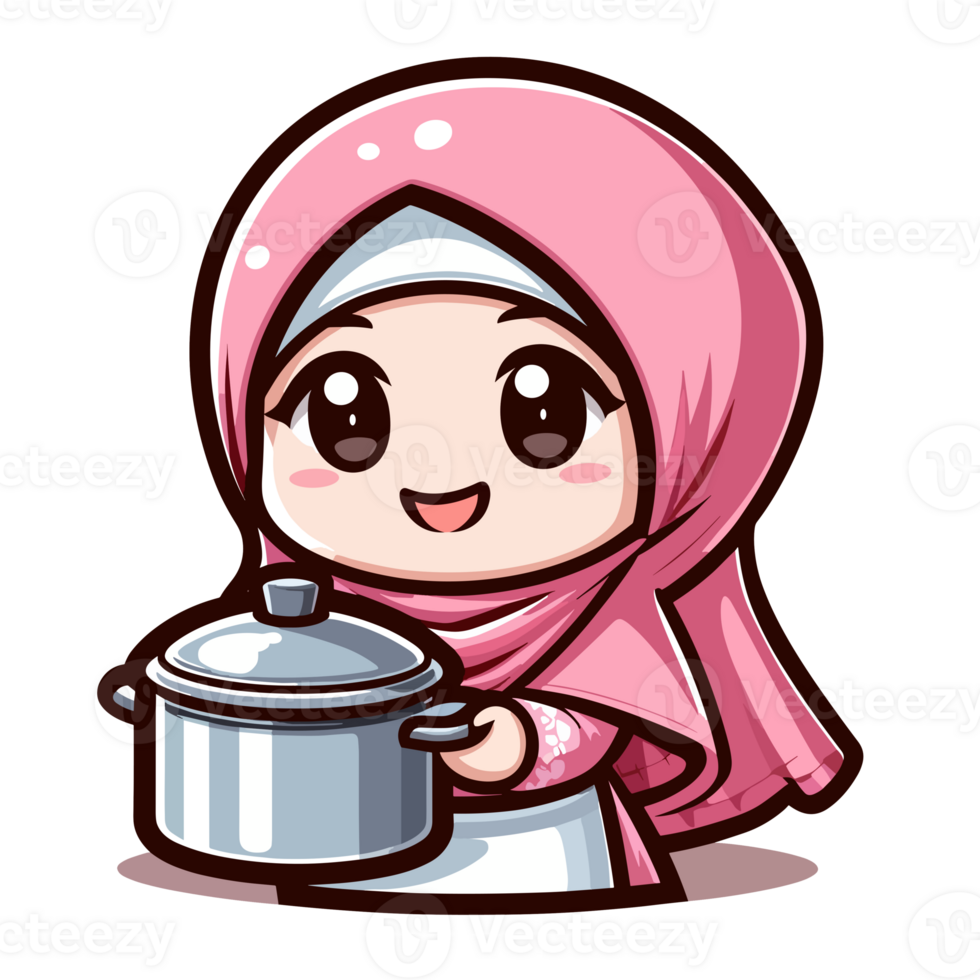 AI generated cartoon muslim girl holding a pot png