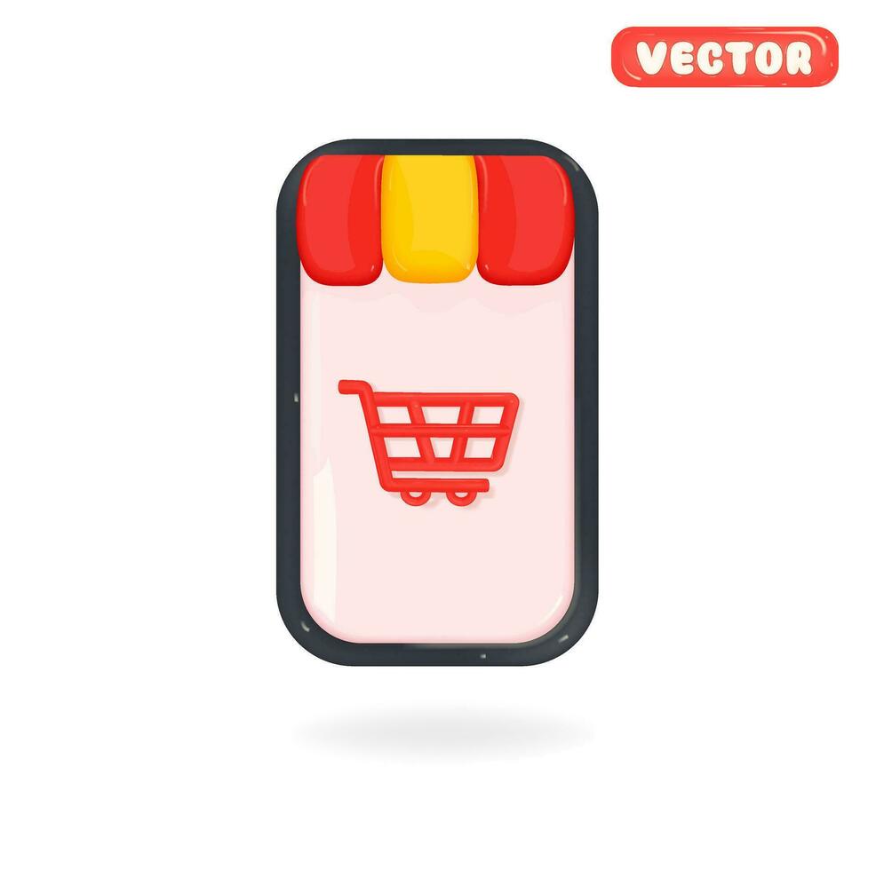 Vector cartoon mockup of a hand holding a phone. Cartoon hand holding a smartphone, in the form of a store, isolated on a white background