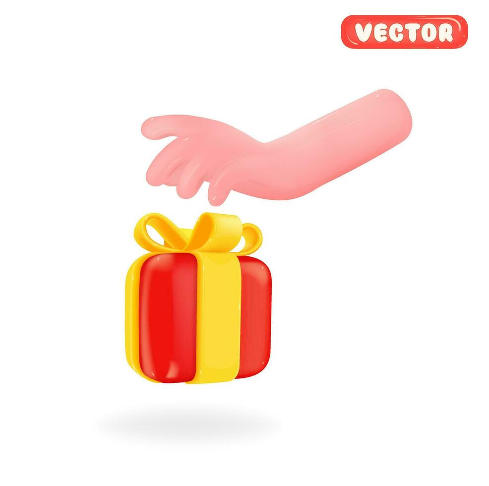 3d icon gift in hand. Vector cartoon arm holding gesture. Realistic illustration of giving a present for social media,