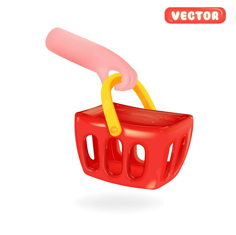 Grocery shopping. Hand holding a basket Supermarket. 3D vector. vector