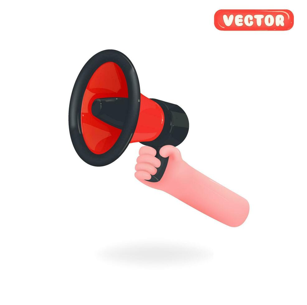 Hand hold megaphone. Marketing time concept, realistic 3d megaphone, loudspeaker with lightning. Symbols Speaker, Social media, Advertising and promotion. Vector illustration,