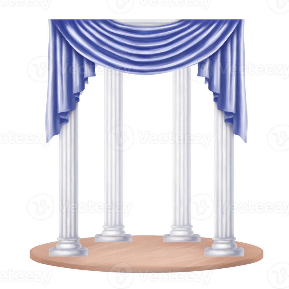 A theatrical stage with marble columns and satin curtains. Classic garden gazebo, gallery. Ancient architecture. Concert hall, classical stage sets, podium, opera, dance studio. Isolated illustration png