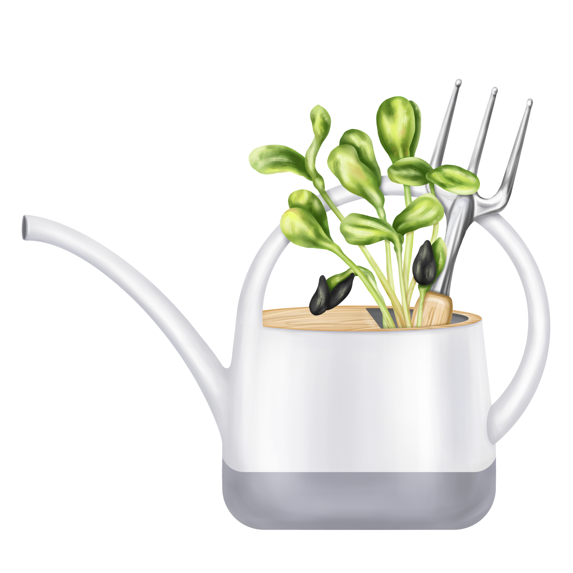 A composition of a garden watering can, a rake loosening the earth and