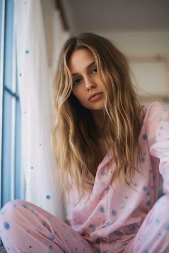 AI generated Blooming Dreams Springtime Girl in Floral Elegance Pajamas photo