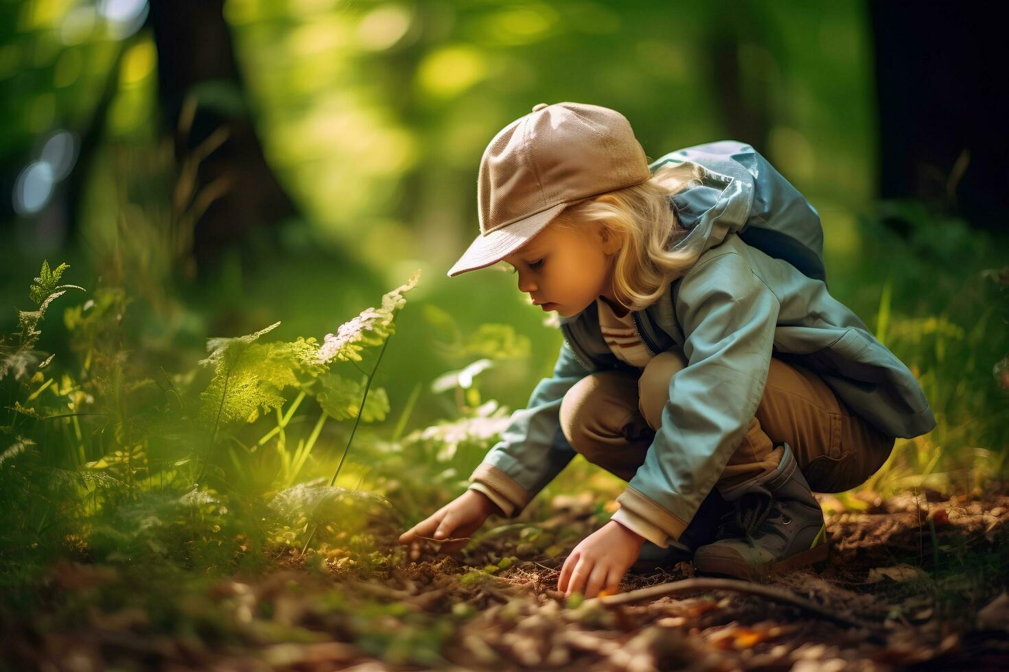 ai generado naturaleza explorador niño carroñero cazar aventuras en al aire libre Tiempo de juego alegría foto