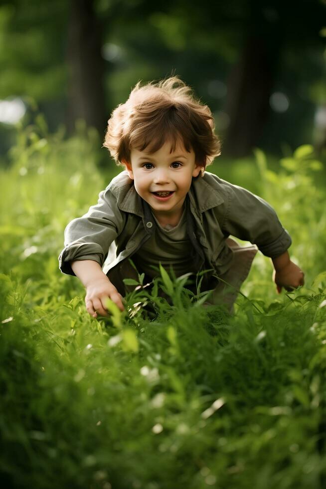 ai generado persiguiendo divertido niño alegre etiqueta juego en el verde césped foto