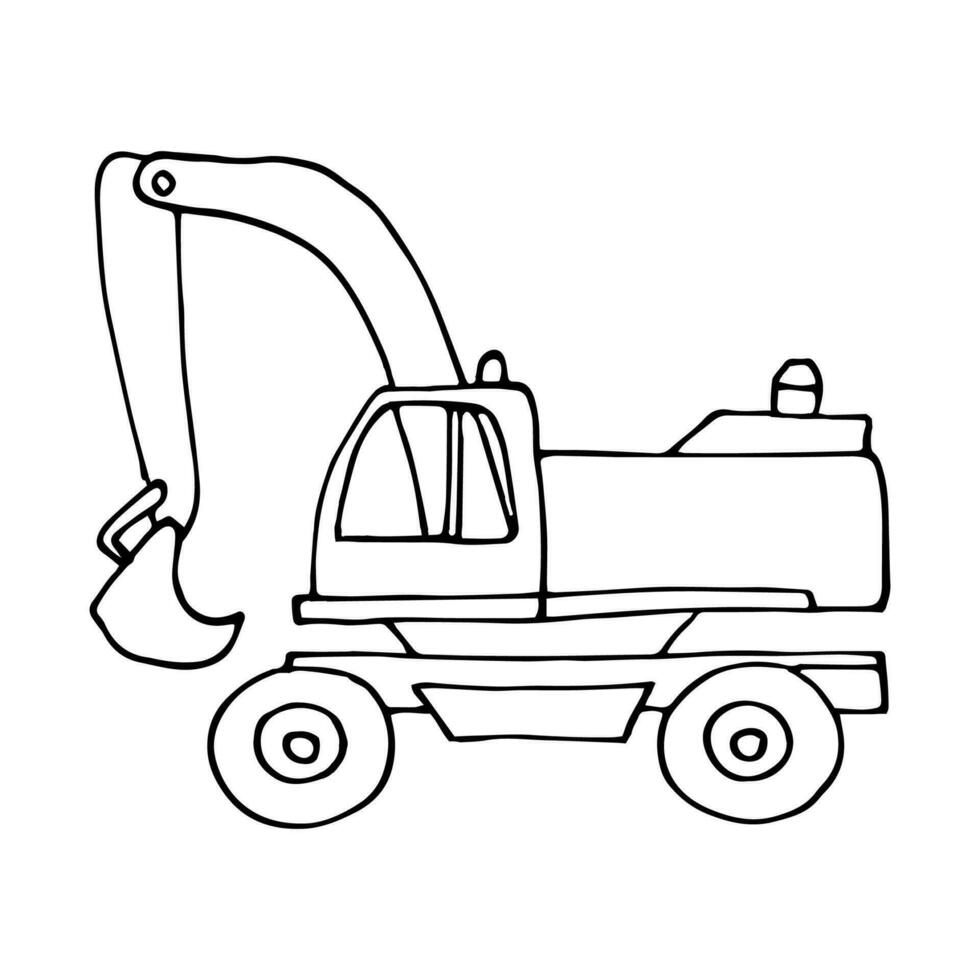 Hand drawn vector illustration in cartoon style. Linear drawing of an excavator on wheels with a bucket on a white background.