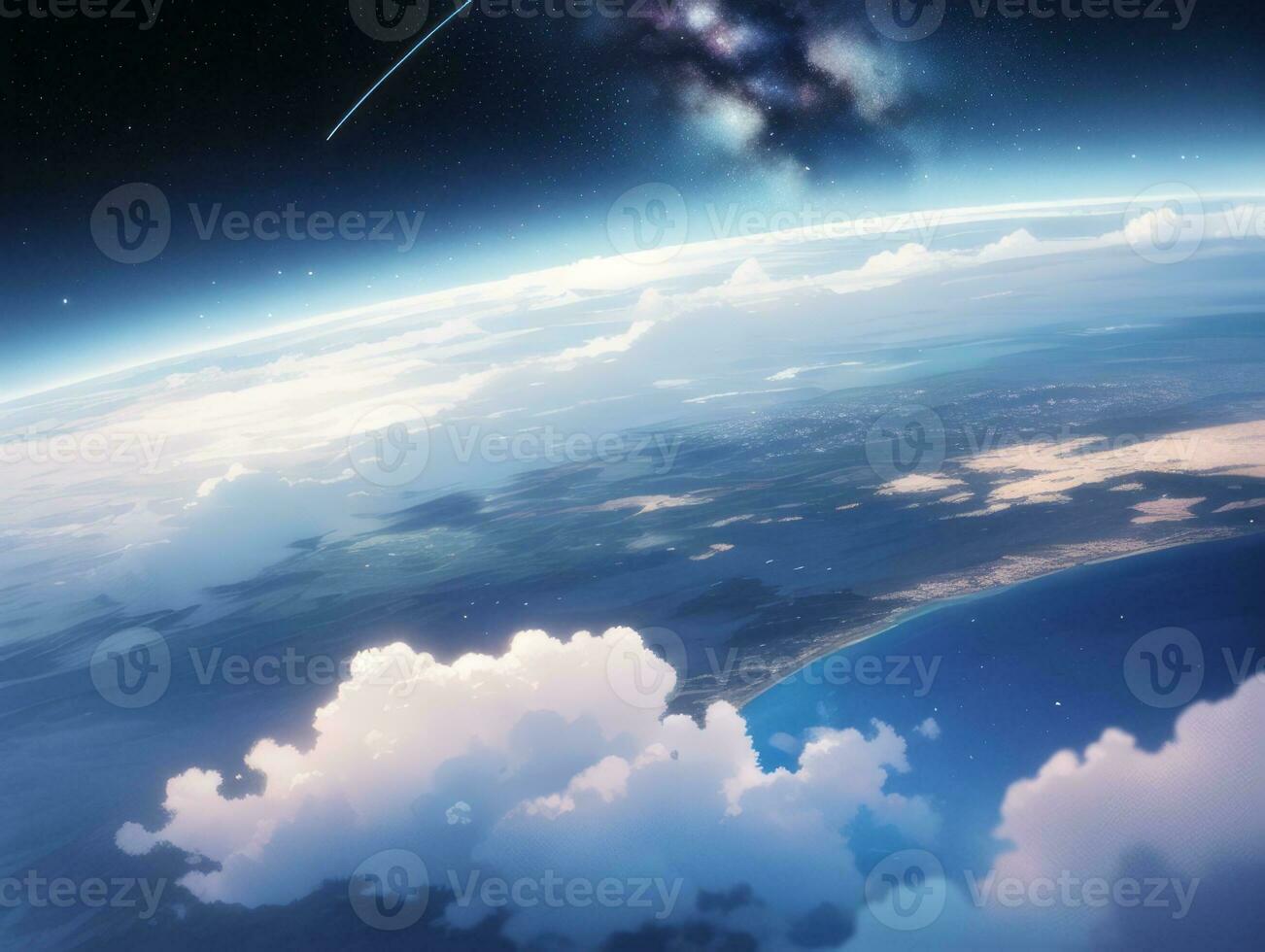 AI generated Orbiting Above Cloud Looking at the Celestial Starry Sky and Planet Far Beyond photo