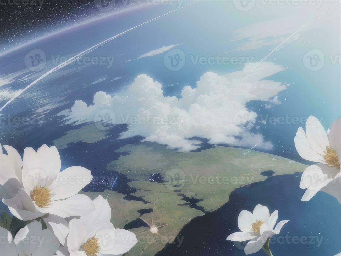 AI generated Orbiting Above Cloud Looking at the Celestial Starry Sky and Planet Far Beyond photo