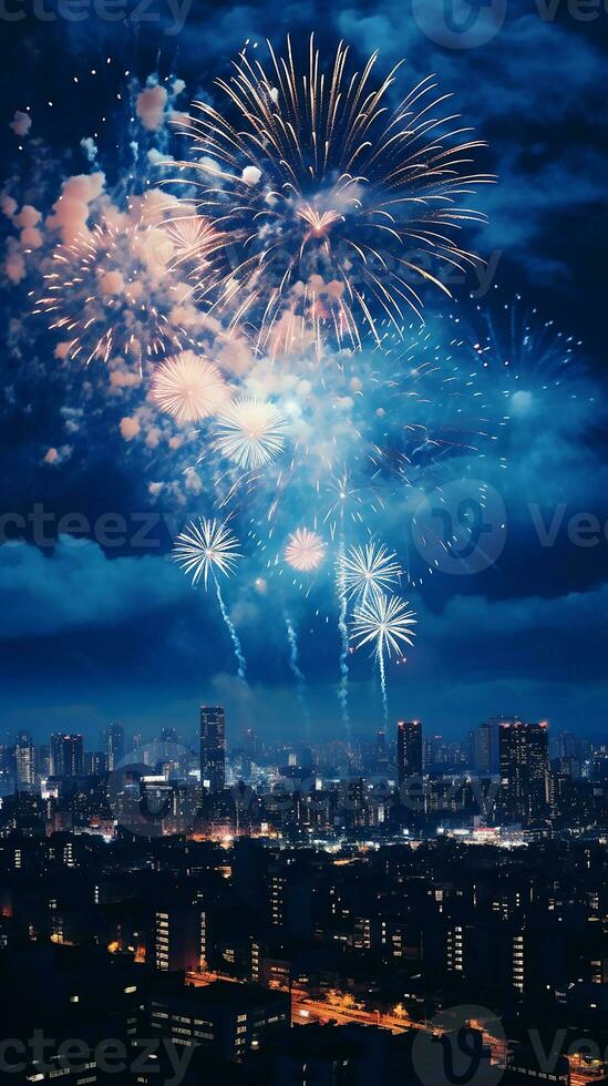 AI generated A cityscape with fireworks in the sky. New year festivities photo