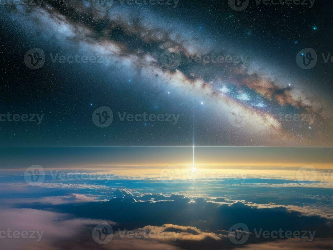 AI generated Orbiting Above Cloud Looking at the Celestial Starry Sky and Planet Far Beyond photo