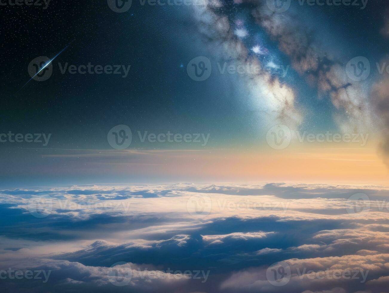 AI generated Orbiting Above Cloud Looking at the Celestial Starry Sky and Planet Far Beyond photo