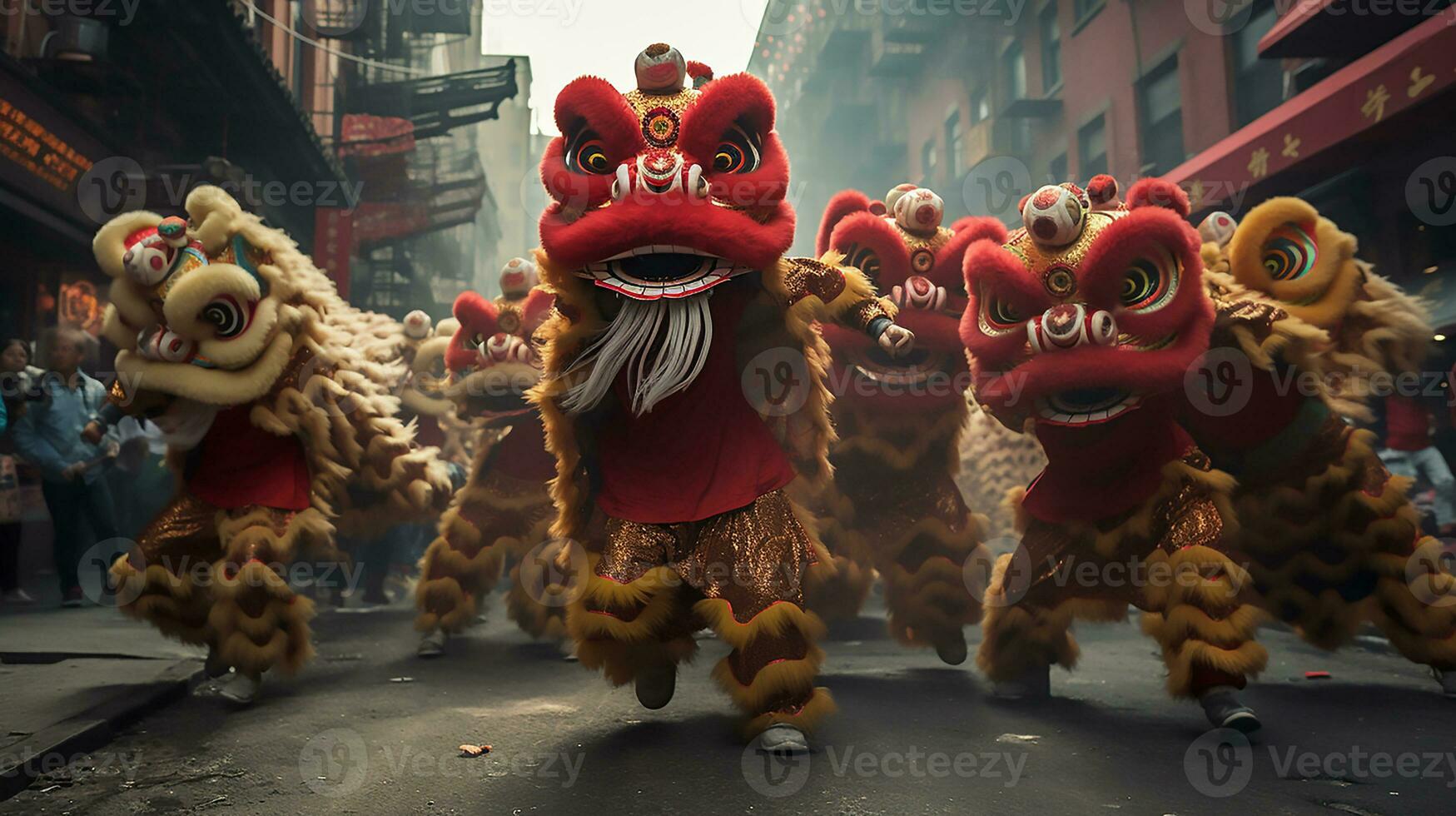 AI generated A group of chinese lion dancers perform in a street. Dongzhi Festival. Generative AI photo