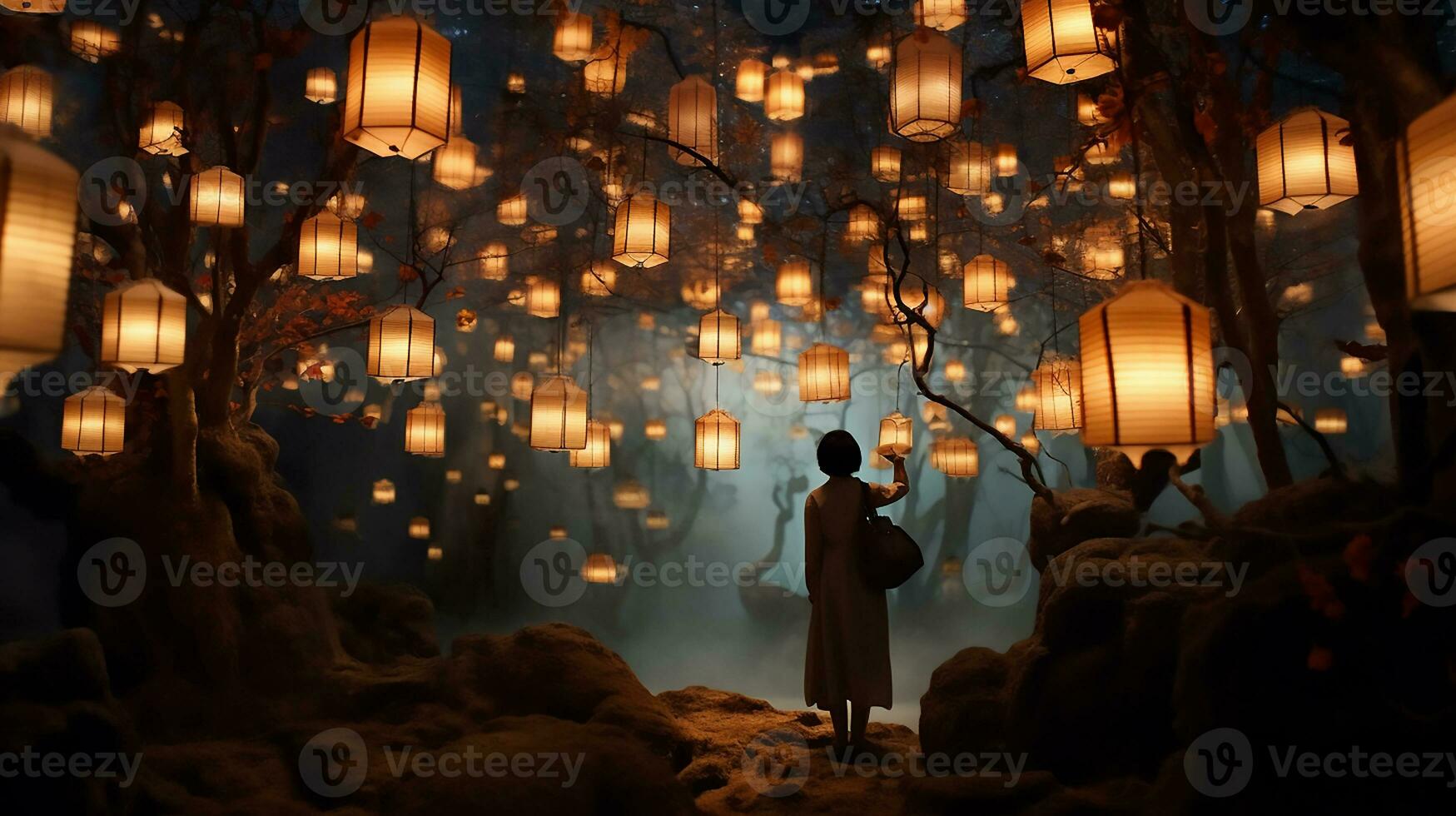 AI generated A beautiful night out is lit up with paper lanterns, in the style of otherworldly scenes. photo