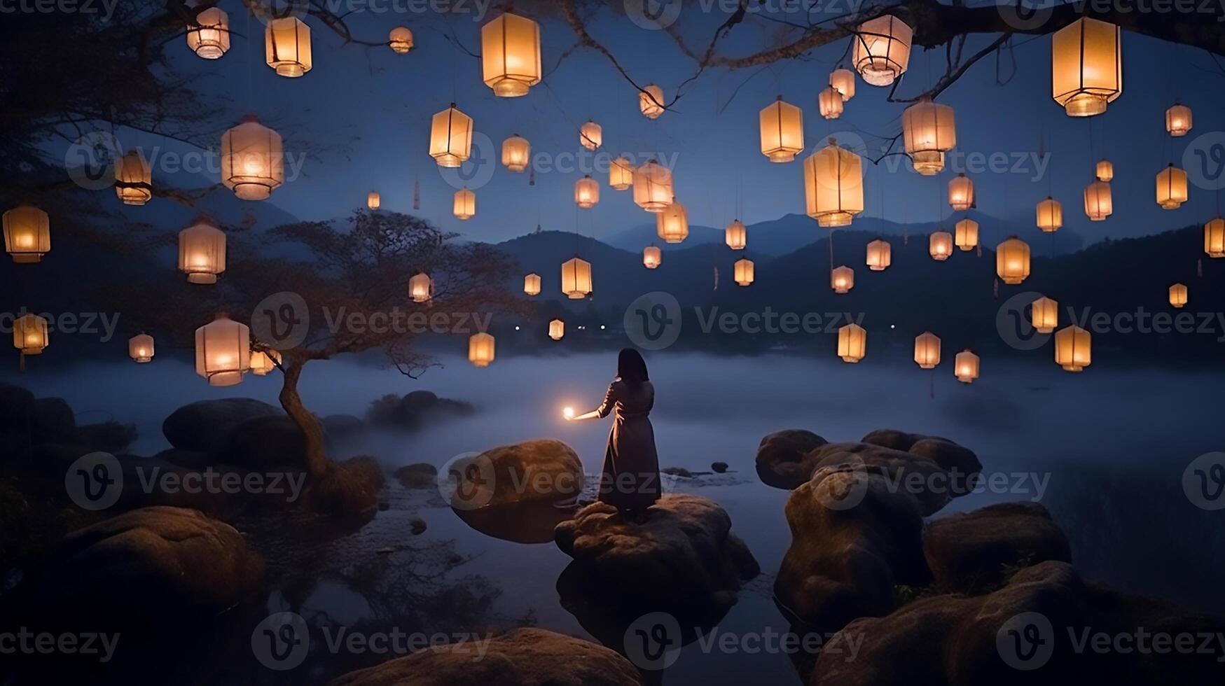 AI generated A beautiful night out is lit up with paper lanterns, in the style of otherworldly scenes. photo