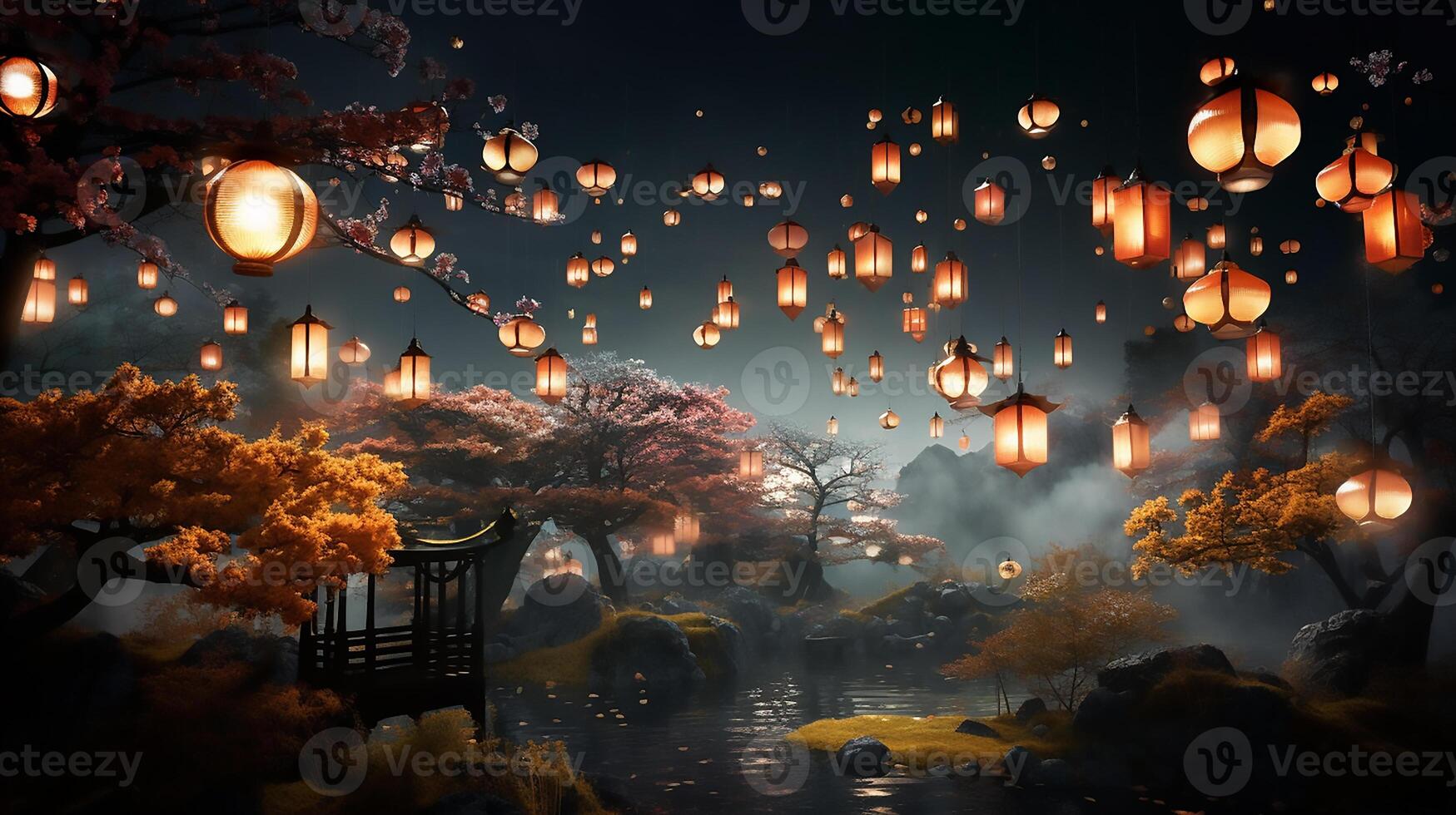 AI generated Cityscape Illuminated by Lanterns and Neon Lights at Night photo