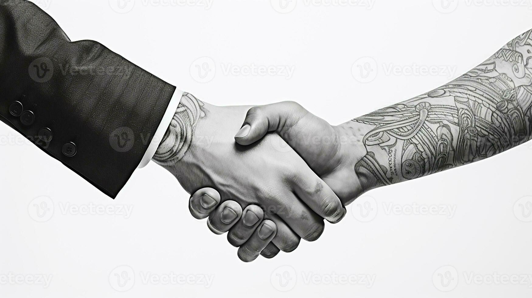 AI generated Tattoo Handshake two businessmen signifies successful agreement White Background. Generative AI photo