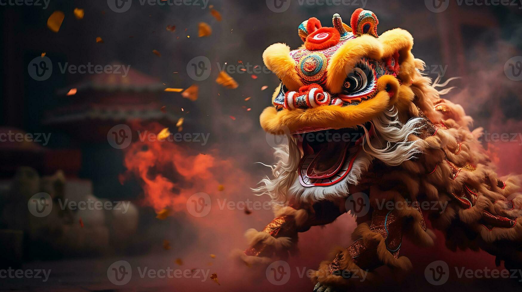 AI generated Dragon or lion dance show barongsai in celebration chinese lunar new year festival. Generative AI photo