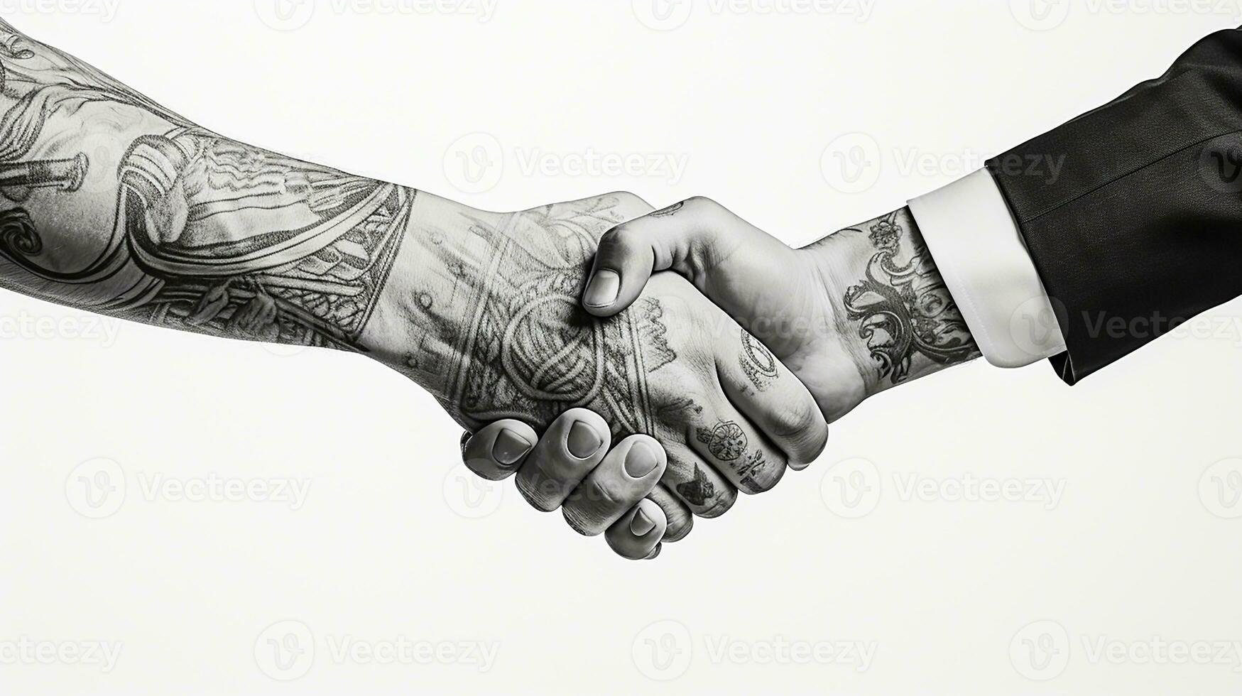 AI generated Tattoo Handshake two businessmen signifies successful agreement White Background. Generative AI photo