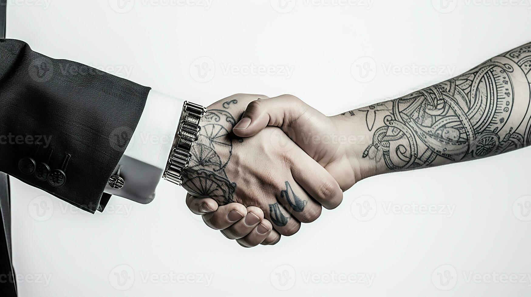 AI generated Tattoo Handshake two businessmen signifies successful agreement White Background. Generative AI photo