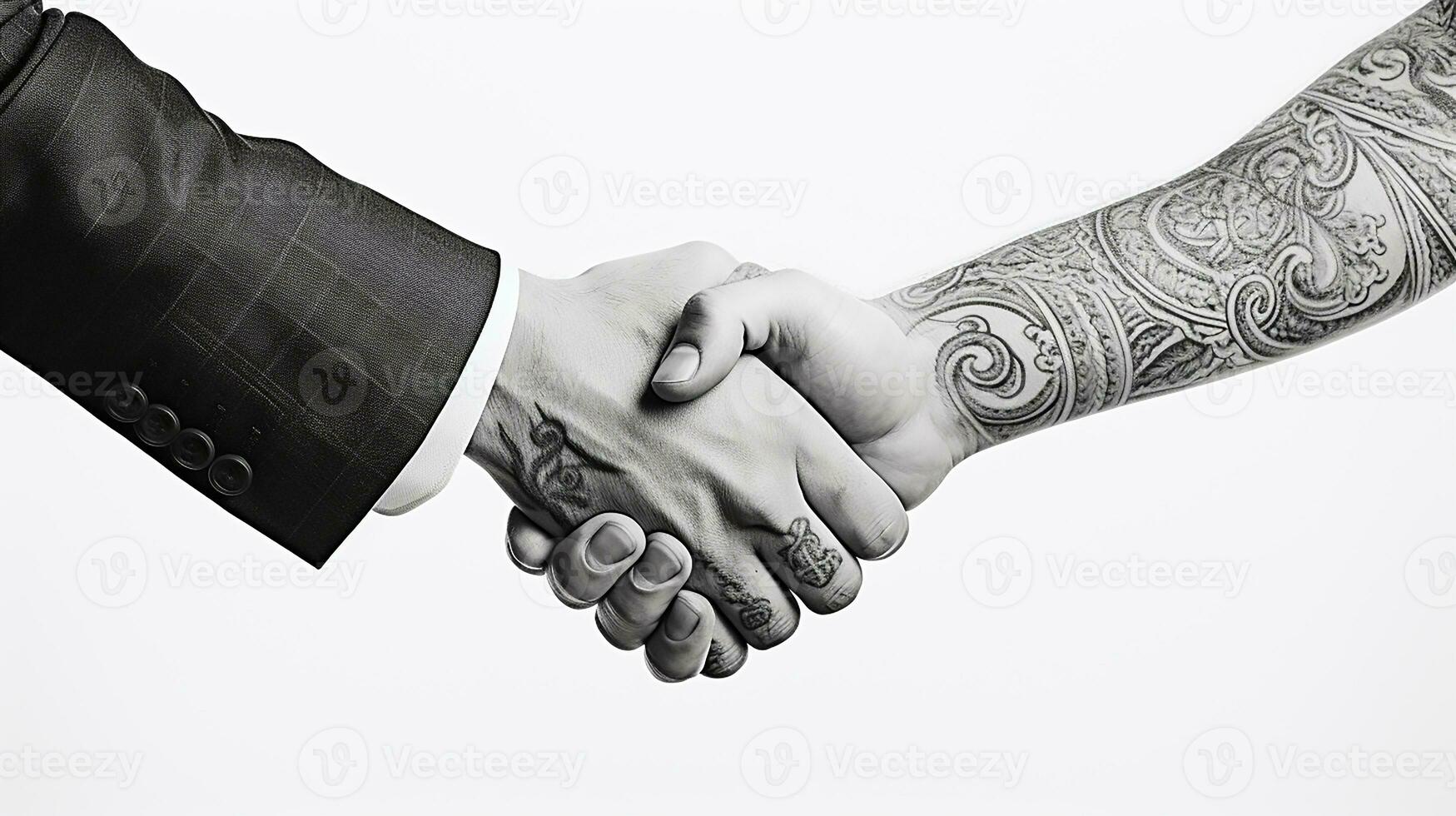 AI generated Tattoo Handshake two businessmen signifies successful agreement White Background. Generative AI photo