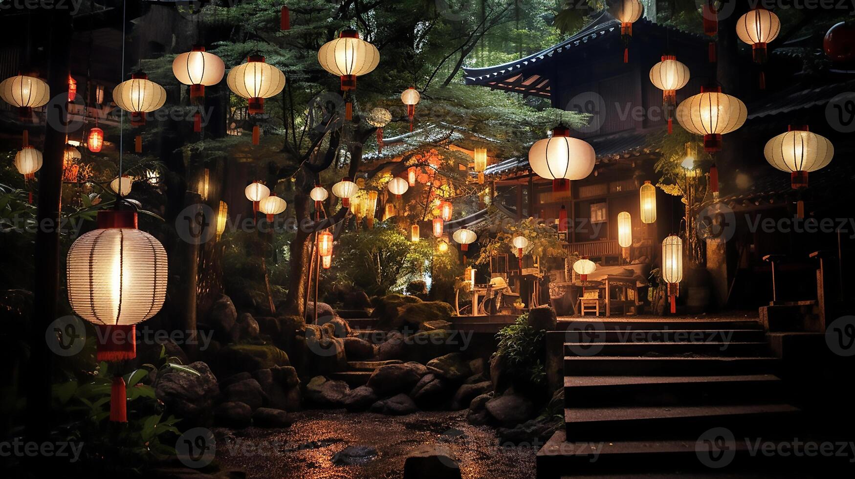 AI generated A beautiful night out is lit up with paper lanterns, in the style of otherworldly scenes. photo