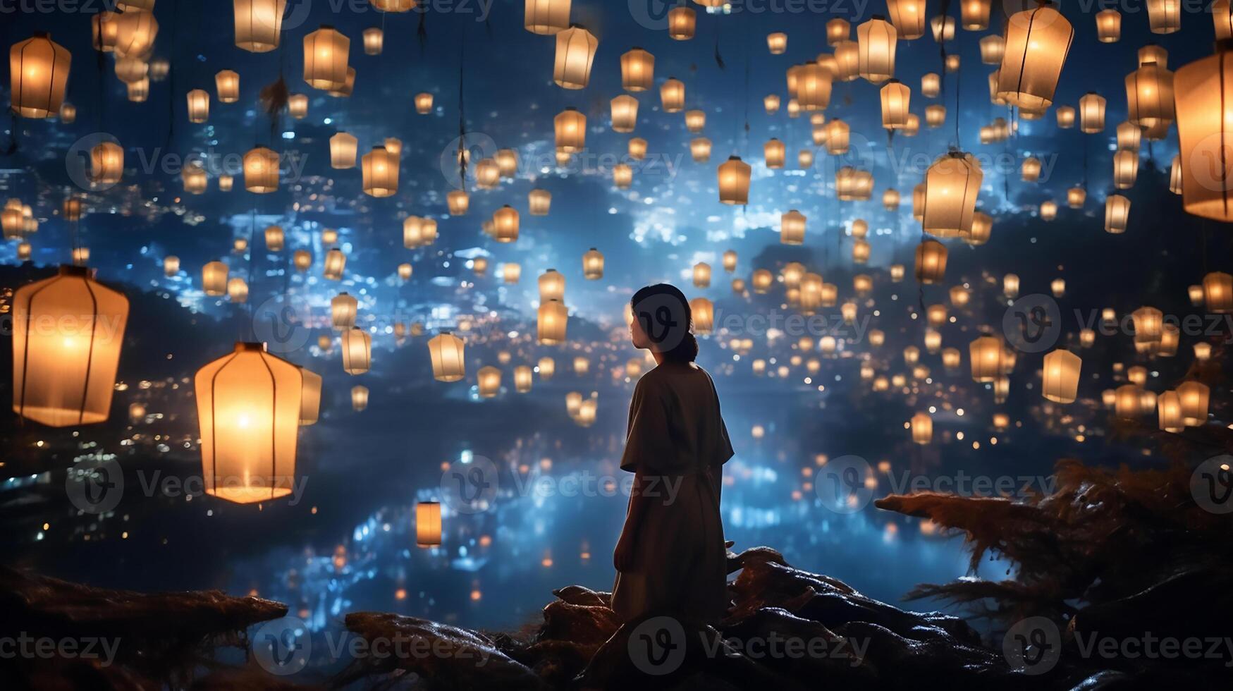 AI generated A beautiful night out is lit up with paper lanterns, in the style of otherworldly scenes. photo