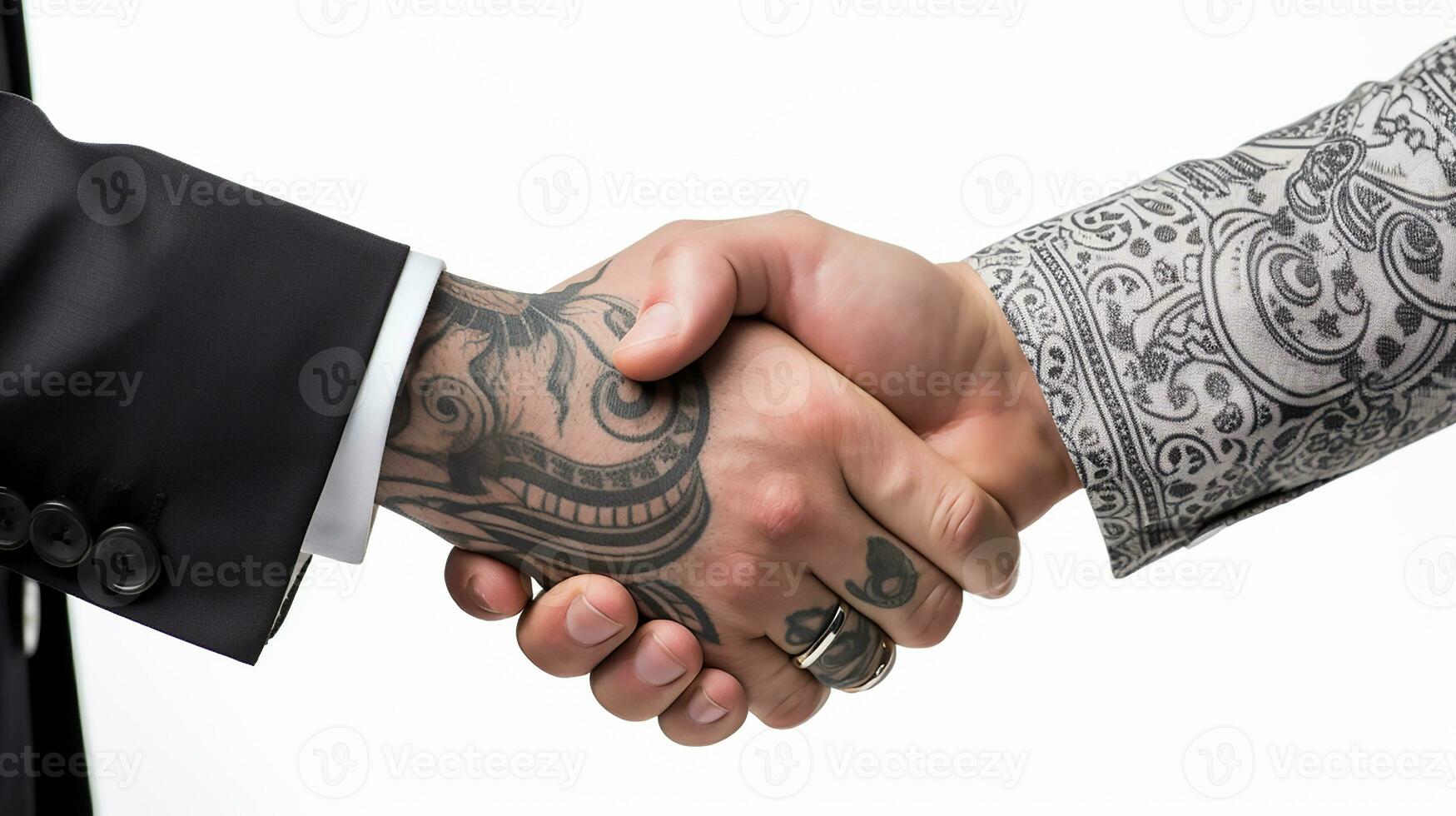 AI generated Tattoo Handshake two businessmen signifies successful agreement White Background. Generative AI photo