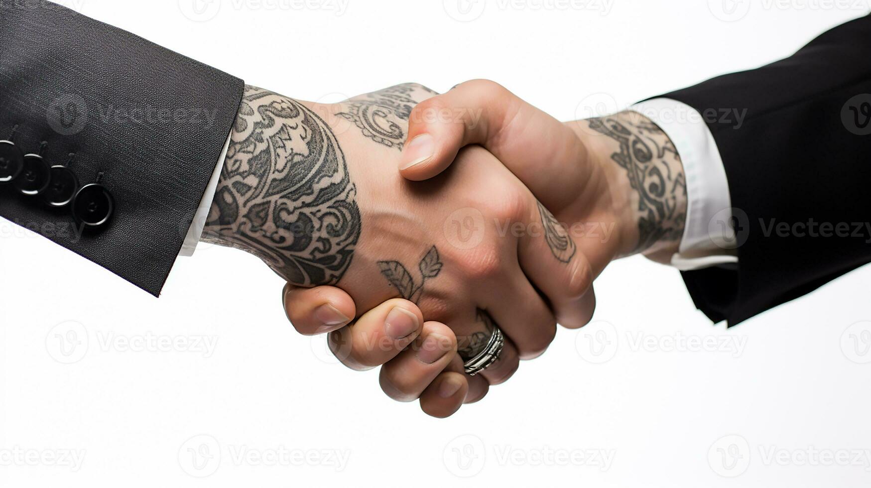 AI generated Tattoo Handshake two businessmen signifies successful agreement White Background. Generative AI photo