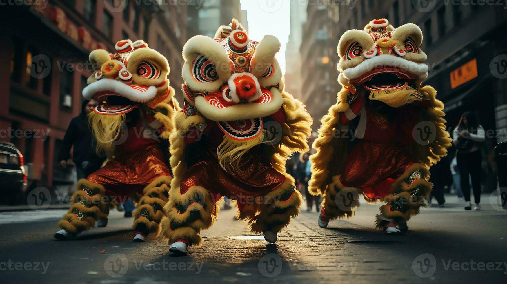 AI generated A group of chinese lion dancers perform in a street. Dongzhi Festival. Generative AI photo