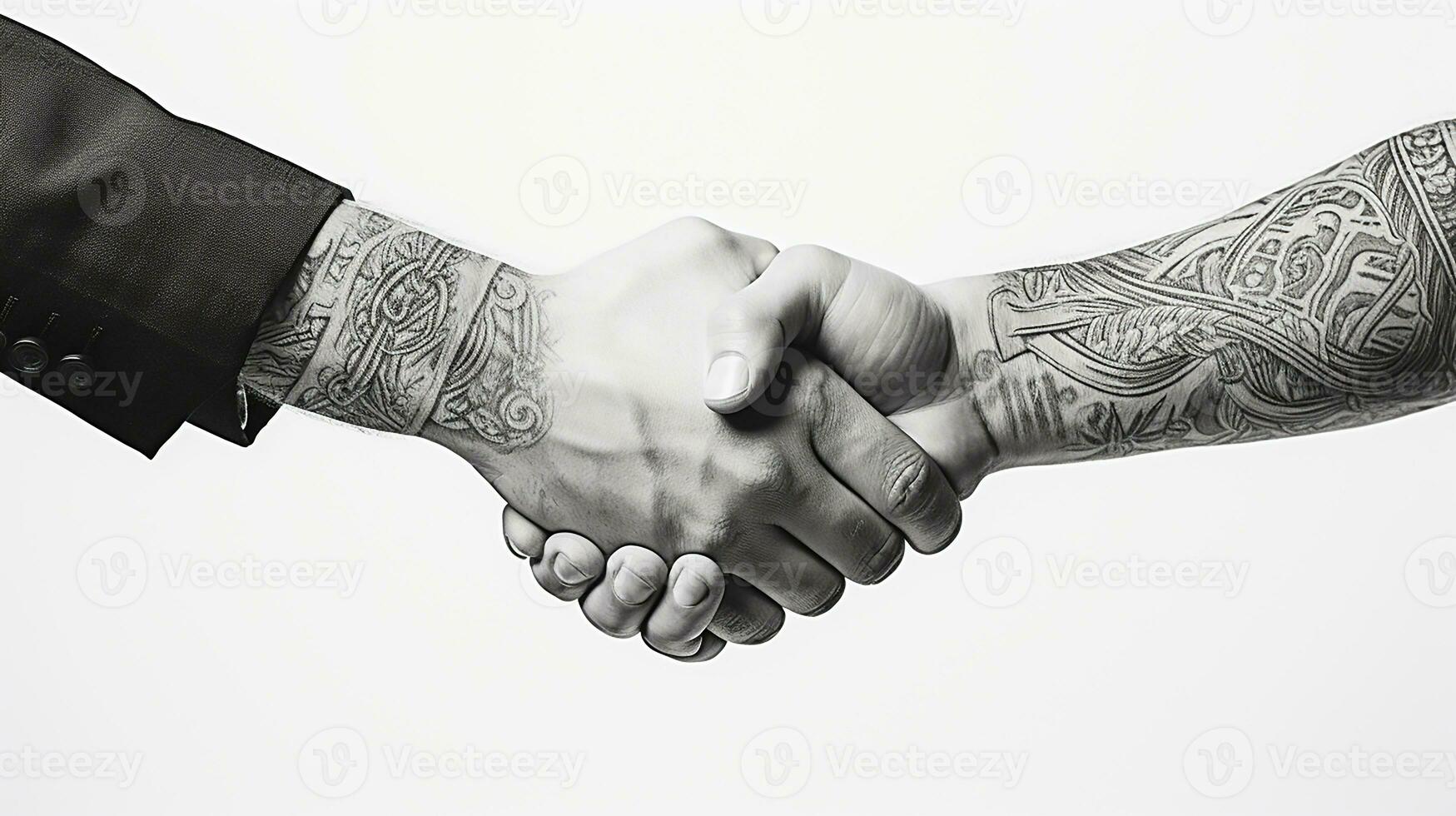 AI generated Tattoo Handshake two businessmen signifies successful agreement White Background. Generative AI photo